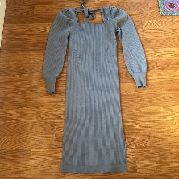 House of Harlow 1960 Dune Blue Knit Ribbed Long Sleeve Square Neck Dress Sz Med - Picture 7 of 10